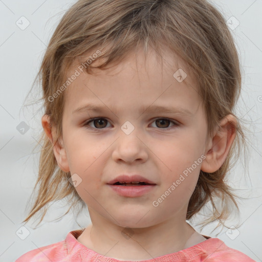 Joyful white child female with medium  brown hair and brown eyes