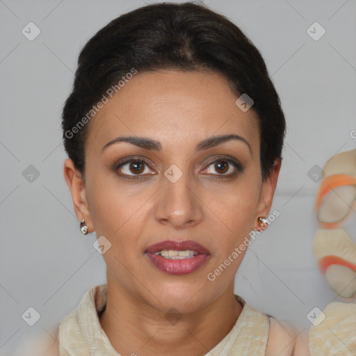 Joyful latino young-adult female with short  brown hair and brown eyes