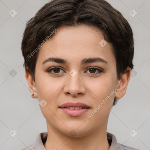 Joyful white young-adult female with short  brown hair and brown eyes