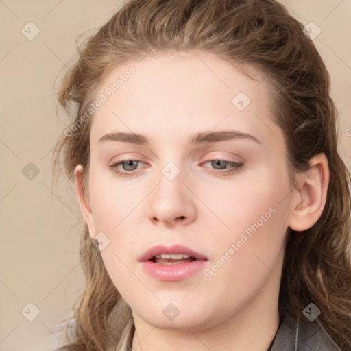 Neutral white young-adult female with medium  brown hair and grey eyes