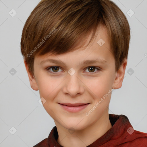 Joyful white child male with short  brown hair and brown eyes