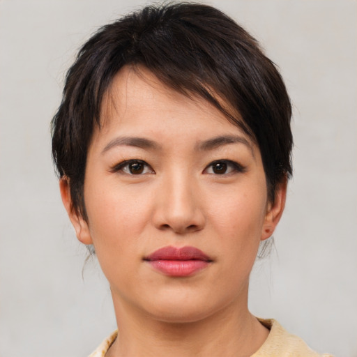 Neutral asian young-adult female with short  brown hair and brown eyes