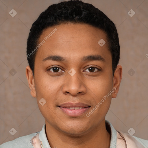 Joyful latino young-adult male with short  black hair and brown eyes