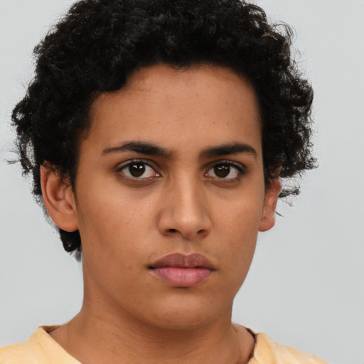 Neutral latino young-adult female with short  brown hair and brown eyes