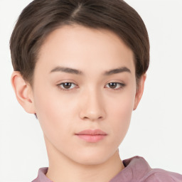 Neutral white young-adult female with short  brown hair and brown eyes