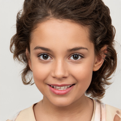 Joyful white child female with medium  brown hair and brown eyes