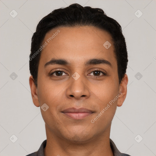 Neutral latino young-adult male with short  black hair and brown eyes