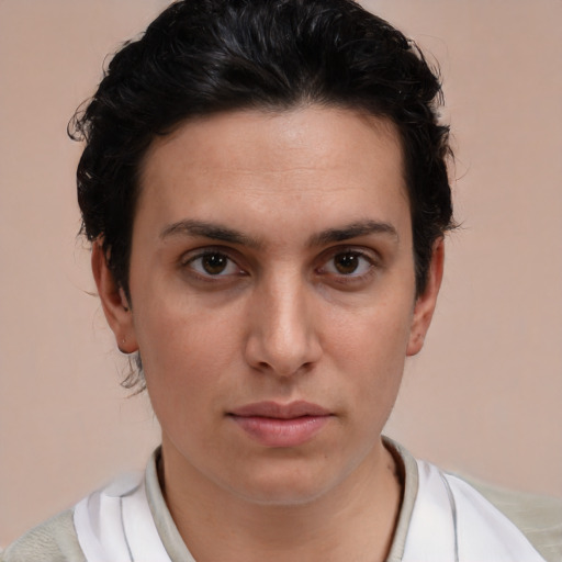 Neutral white young-adult female with short  brown hair and brown eyes