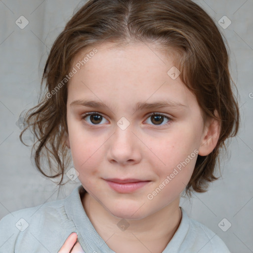 Joyful white child female with medium  brown hair and brown eyes