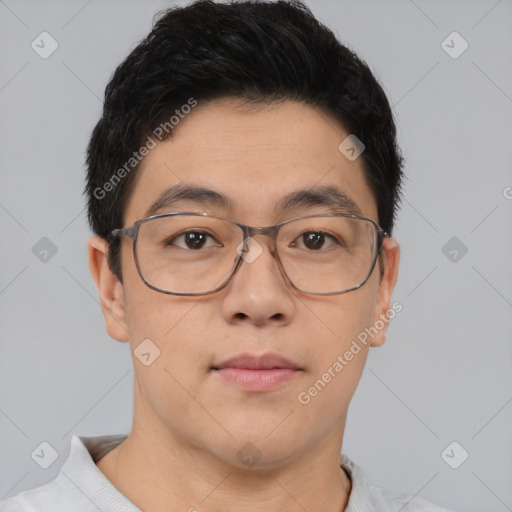 Neutral asian young-adult male with short  brown hair and brown eyes