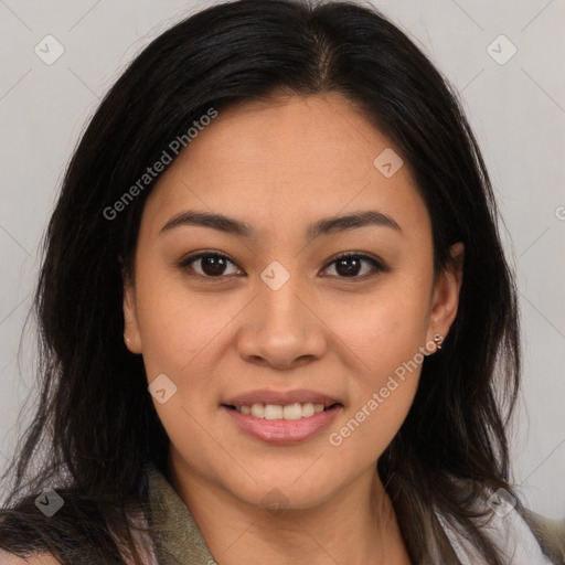 Joyful latino young-adult female with medium  brown hair and brown eyes