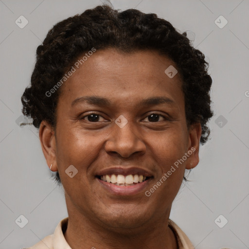 Joyful latino adult female with short  brown hair and brown eyes