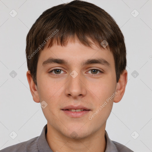 Neutral white young-adult male with short  brown hair and brown eyes