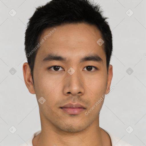 Neutral asian young-adult male with short  black hair and brown eyes