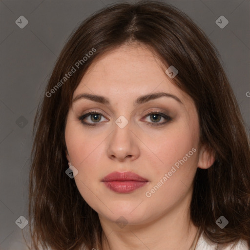 Neutral white young-adult female with medium  brown hair and brown eyes