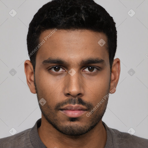 Neutral latino young-adult male with short  black hair and brown eyes