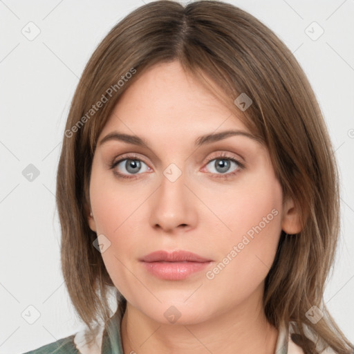 Neutral white young-adult female with medium  brown hair and grey eyes