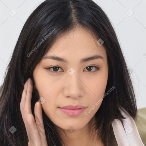 Neutral asian young-adult female with long  brown hair and brown eyes