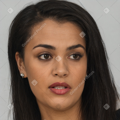 Joyful latino young-adult female with long  brown hair and brown eyes