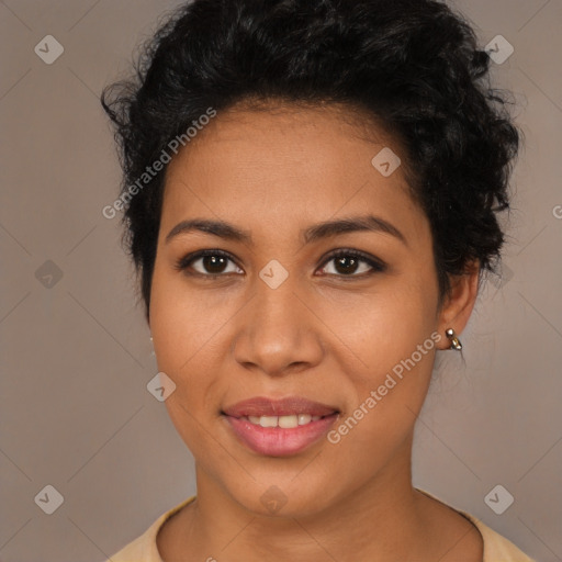 Joyful latino young-adult female with long  brown hair and brown eyes