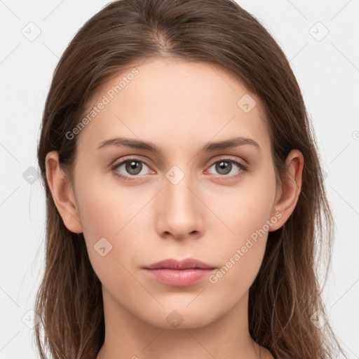 Neutral white young-adult female with long  brown hair and grey eyes