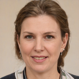 Joyful white adult female with medium  brown hair and grey eyes