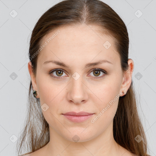 Joyful white young-adult female with long  brown hair and grey eyes