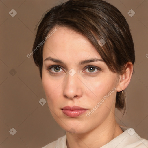 Neutral white young-adult female with medium  brown hair and brown eyes