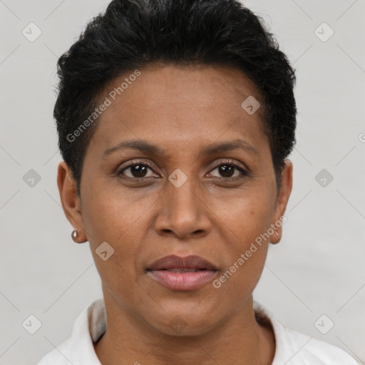 Joyful black adult female with short  brown hair and brown eyes