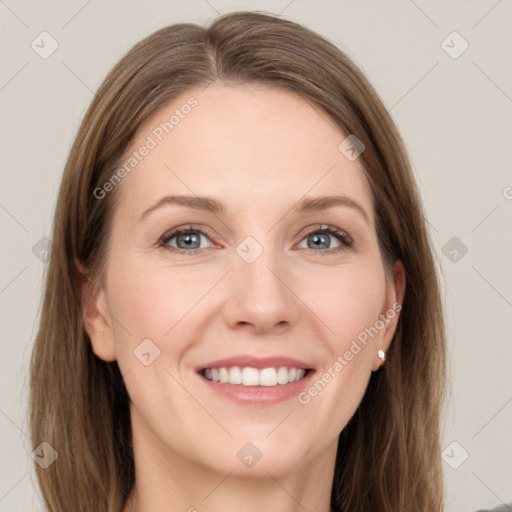 Joyful white young-adult female with long  brown hair and grey eyes