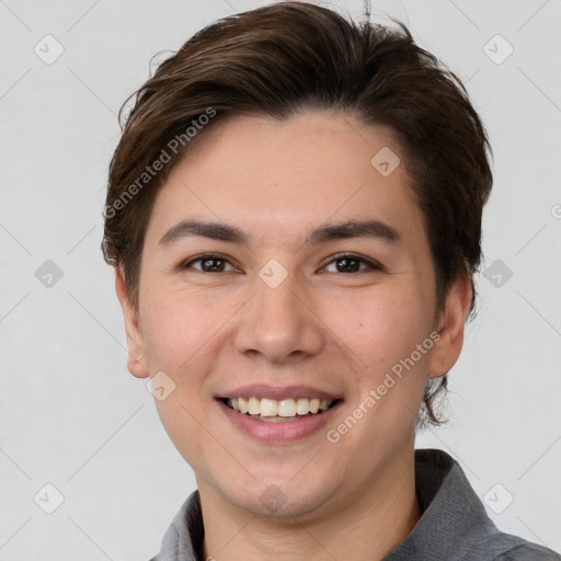 Joyful white young-adult female with short  brown hair and brown eyes