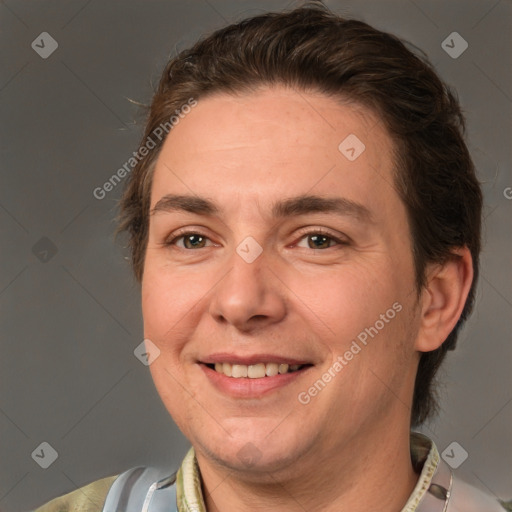 Joyful white adult female with short  brown hair and brown eyes