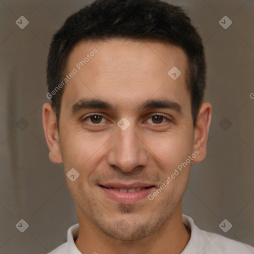 Joyful white young-adult male with short  brown hair and brown eyes