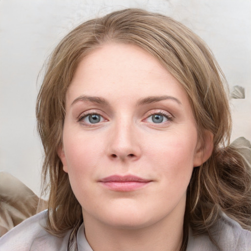 Neutral white young-adult female with medium  brown hair and blue eyes