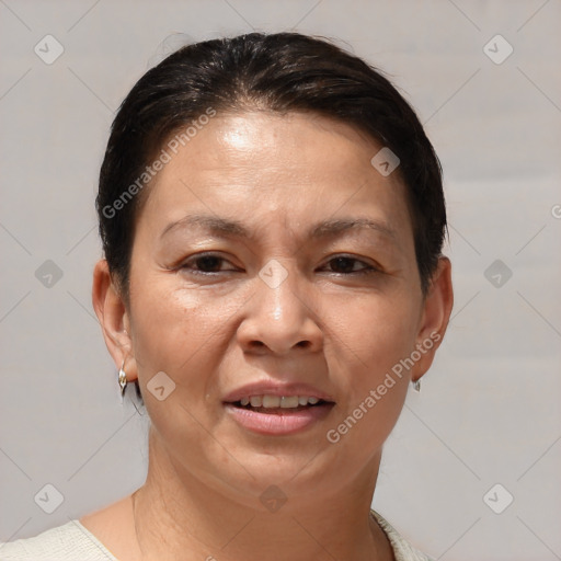 Joyful white adult female with short  brown hair and brown eyes