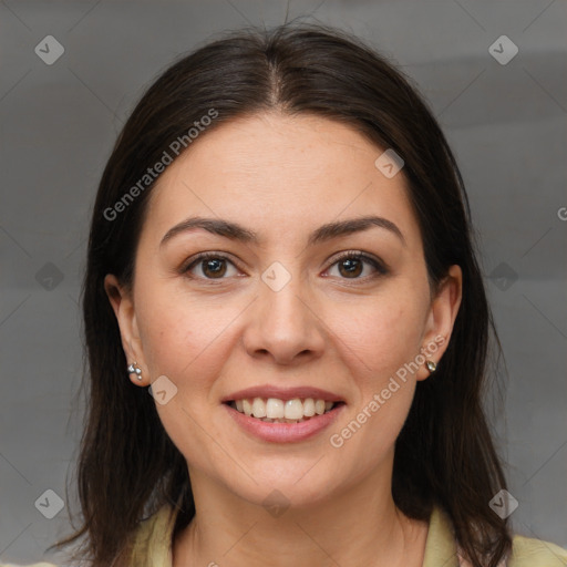 Joyful white young-adult female with medium  brown hair and brown eyes