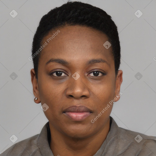 Neutral black young-adult female with short  black hair and brown eyes