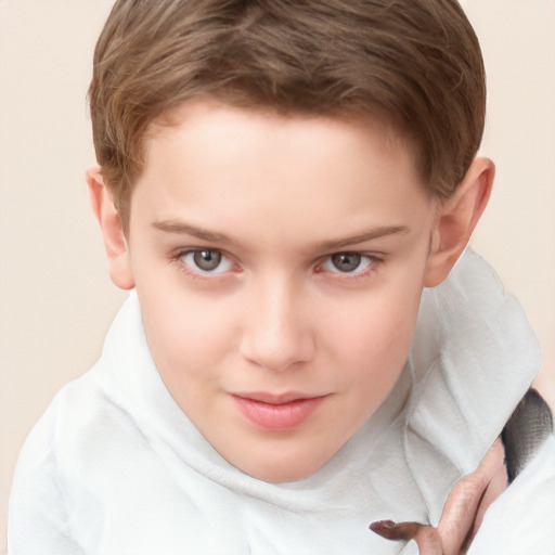 Joyful white child female with short  brown hair and brown eyes