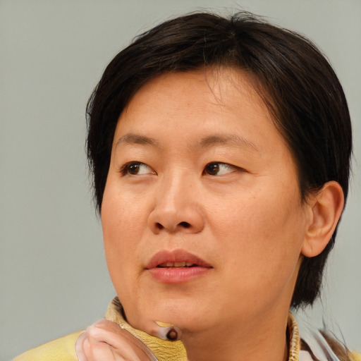 Joyful asian adult female with medium  brown hair and brown eyes