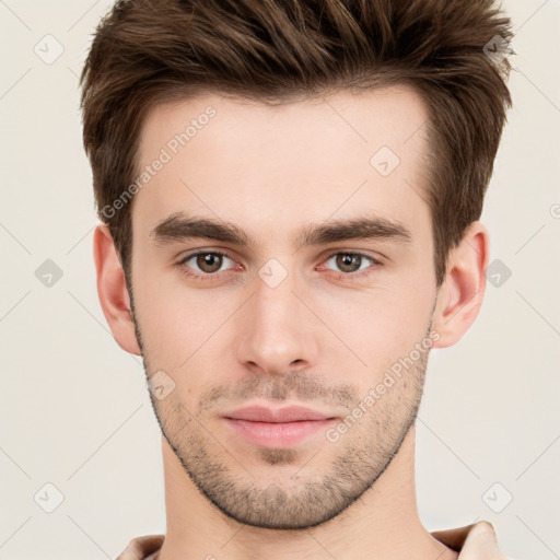 Neutral white young-adult male with short  brown hair and brown eyes