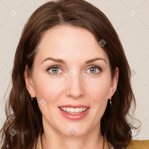 Joyful white young-adult female with medium  brown hair and green eyes