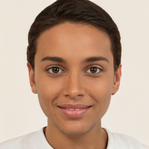 Joyful white young-adult female with short  brown hair and brown eyes