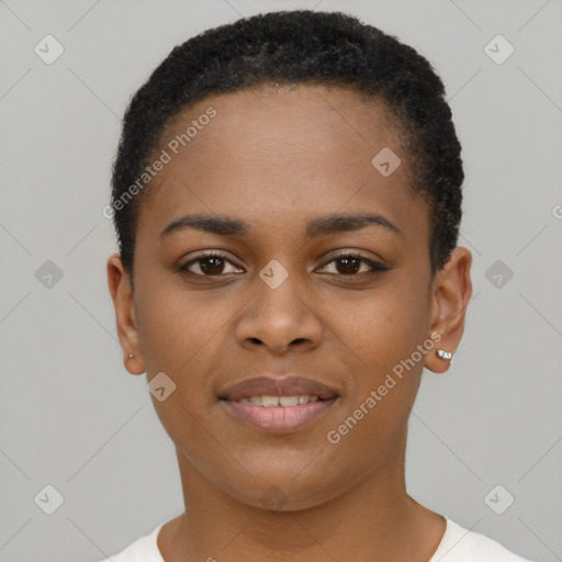 Joyful black young-adult female with short  brown hair and brown eyes