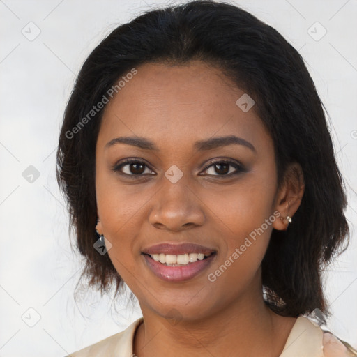 Joyful black young-adult female with medium  brown hair and brown eyes