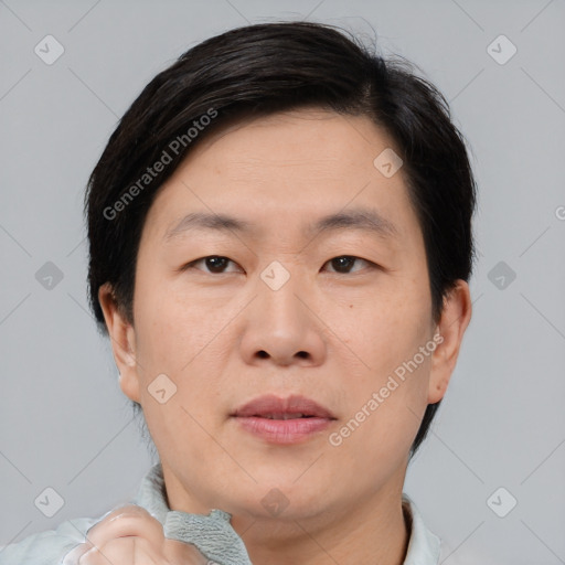 Neutral asian adult male with short  brown hair and brown eyes