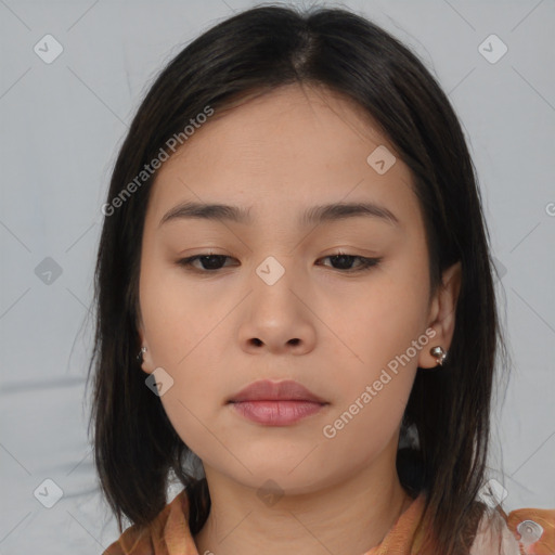 Neutral asian young-adult female with medium  brown hair and brown eyes