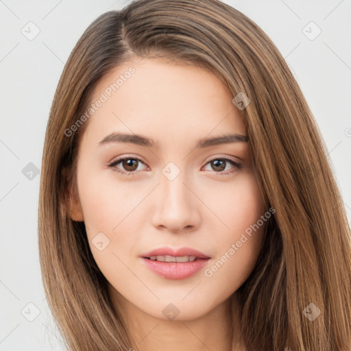 Neutral white young-adult female with long  brown hair and brown eyes