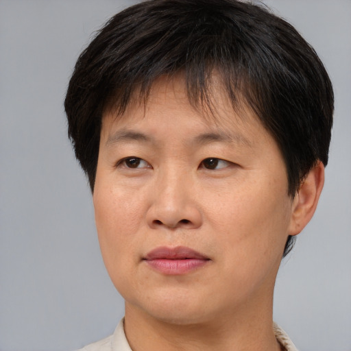 Joyful asian adult female with short  brown hair and brown eyes