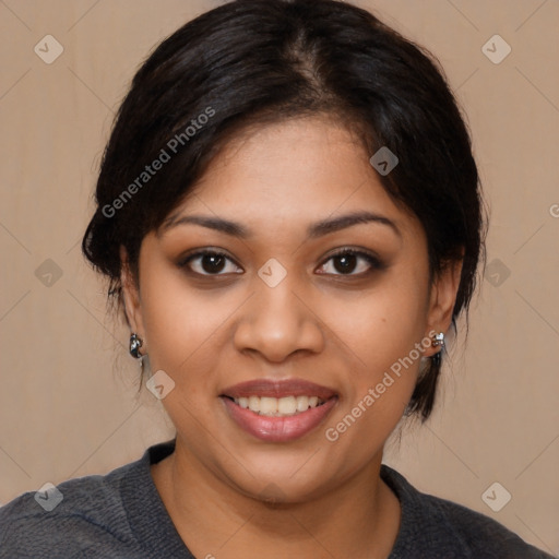 Joyful latino young-adult female with medium  black hair and brown eyes