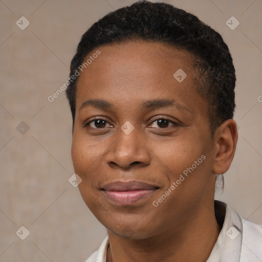 Joyful black young-adult female with short  black hair and brown eyes